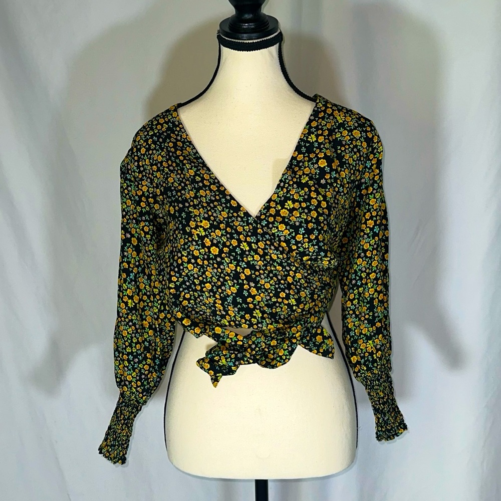 Faithfull the Brand • Floral Wrap Crop Top Black Yellow Orange Green Women Sz 2